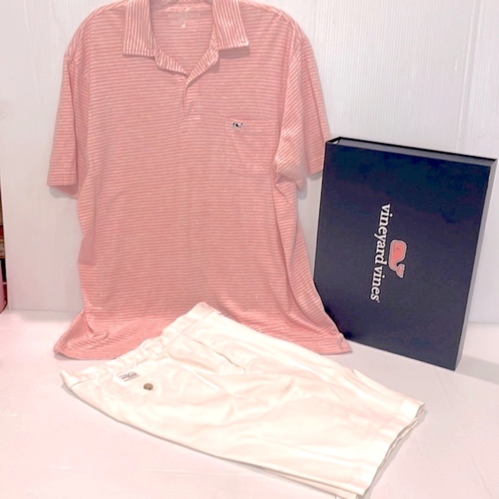 💥Mens Vineyard Vines Classic Fit Polo Top Pink-White Stripe Front pocket size M